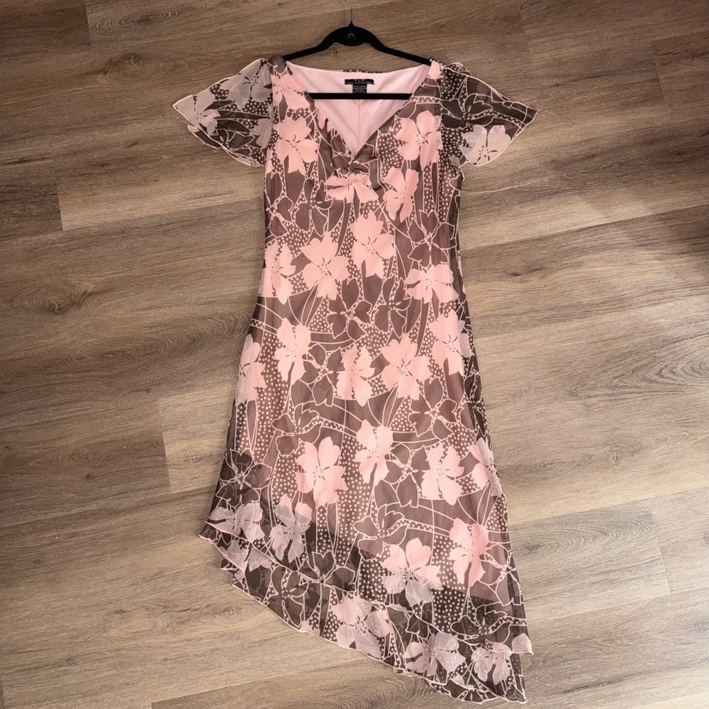 F.L.P. Faith Love Passion Floral Midi Dress Pink Brown 14 Asymmetrical Y2K Fairy